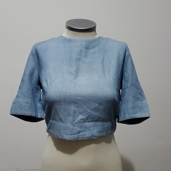 3x1 Light Blue Cropped Denim Blouse - Picture 1 of 4